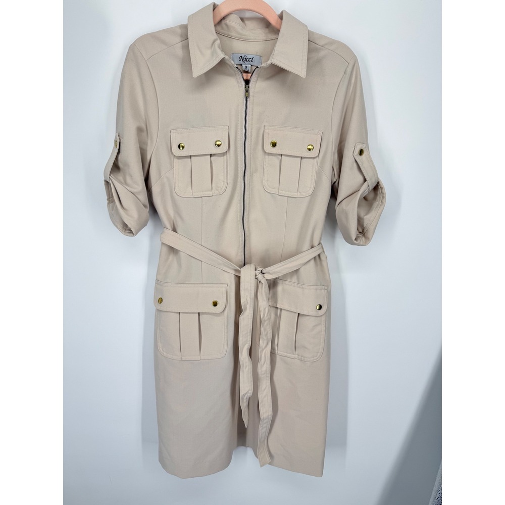 Nicci Utility Shirt Dress Womens 6 Beige Cargo Zip Front Roll Tab Safari Core